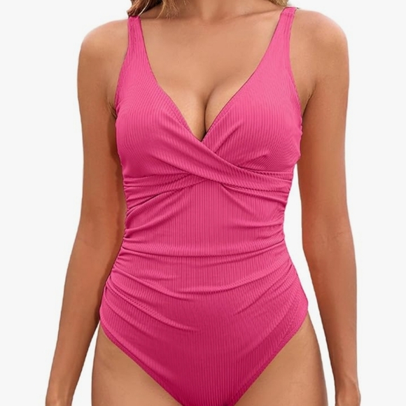 Aleumdr Women's V Neck One Piece Swimsuits Cheeky Tummy Control Front Twist - Picture 2 of 7